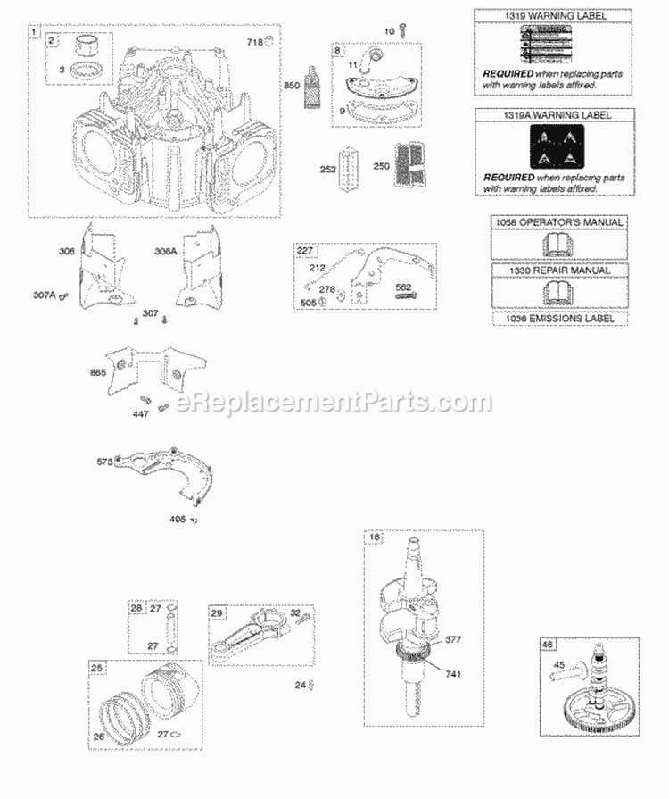 Camshaft Crankshaft Cylinder Piston Rings Connecting Rod Diagram and Parts List for 44M977-0001-G5  Briggs and Stratton Engine